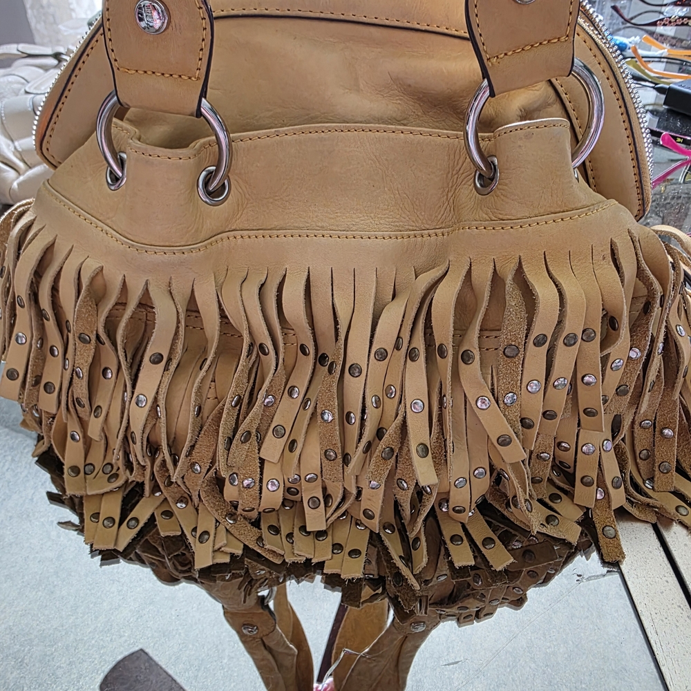 B. Makowsky Tan Leather Fringe Shoulder Bag